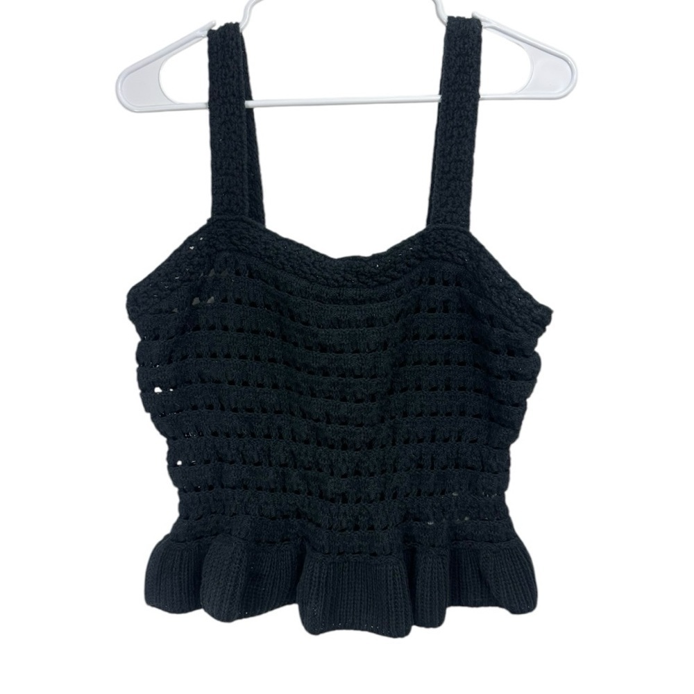 J Crew Size Large Crochet Ruffle Sweater Tank Top Black Open Knit Festival
